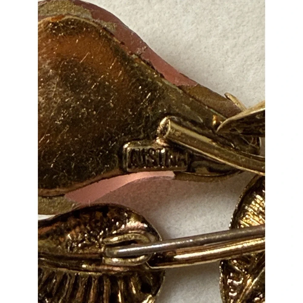Vintage Lucite Brooch Austria Pink Crystal Figural Pear Fruit Gold Tone  1950s